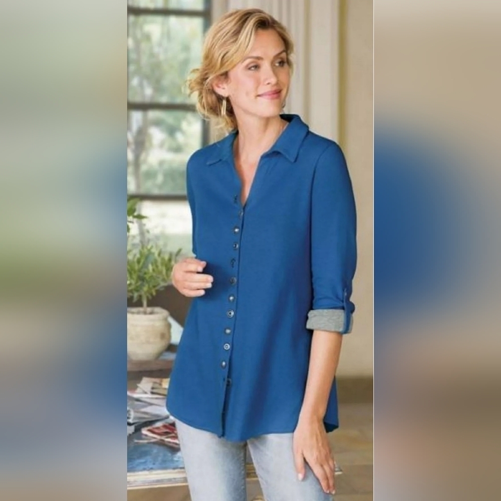 Soft Surroundings Sydney Shirt Tunic Top XL Buttondown Waffle Knit Mixed Media